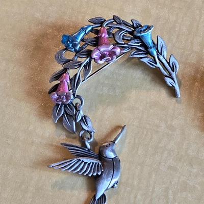 Silver Tone Hummingbird and Flower Brooches