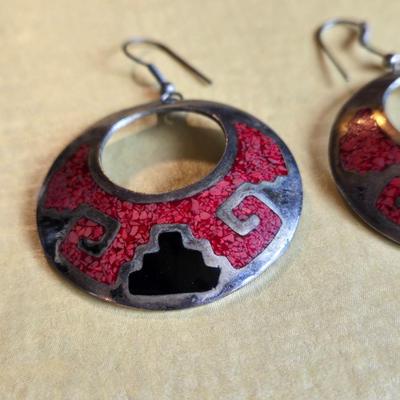 Alpaca Silver & Coral and Onyx Inlay Earrings