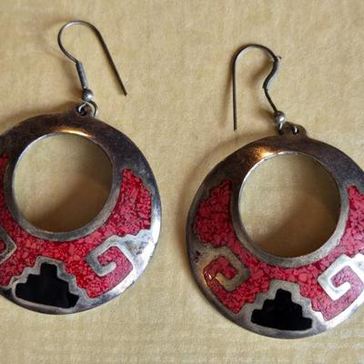Alpaca Silver & Coral and Onyx Inlay Earrings