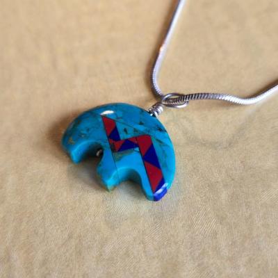 Native American Turquoise Bear Pendant with Lapis & Coral Inlay on a Sterling Italian Chain