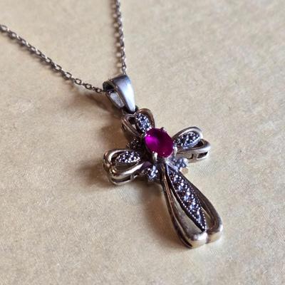 Gold over Sterling Cross Pendant with Center Ruby Necklace