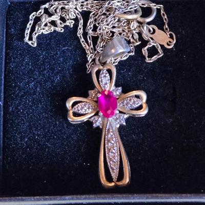 Gold over Sterling Cross Pendant with Center Ruby Necklace