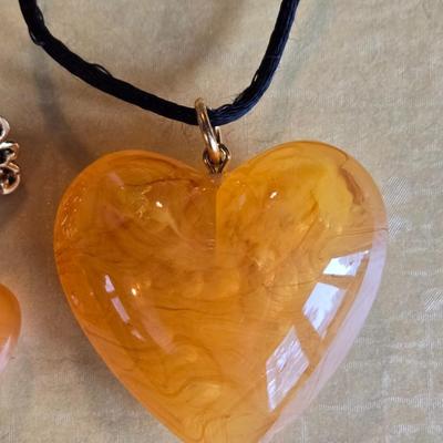 Amber Colored Heart Necklace & Earring Set