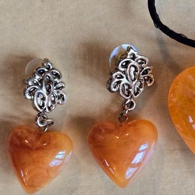 Amber Colored Heart Necklace & Earring Set