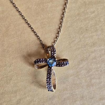 Gold over Sterling & Aquamarine Cross Necklace