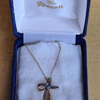 Gold over Sterling & Aquamarine Cross Necklace