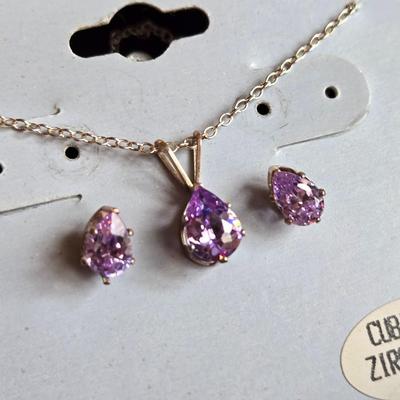 Sterling Silver & Pink Cubic Zirconia Necklace and Earrings