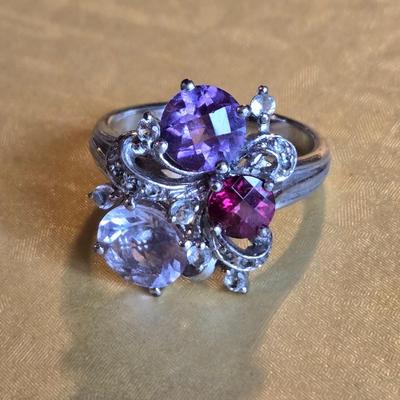 Sterling Silver & Multicolored Amethyst, Ruby, & Pink Cubic Zirconia Gemstone Ring