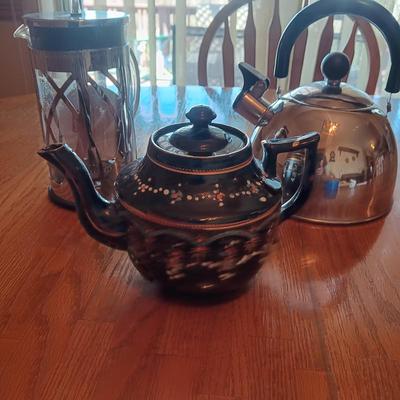 TEAPOT FROM ENGLAND, TEA KETTLE AND A STARBUCKS BODUM FRENCH PRESS