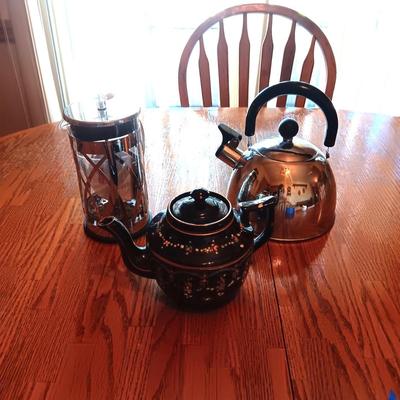 TEAPOT FROM ENGLAND, TEA KETTLE AND A STARBUCKS BODUM FRENCH PRESS