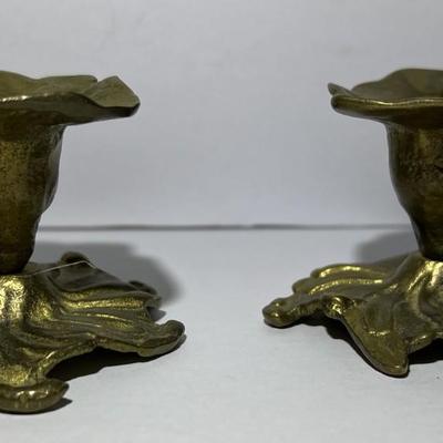 Antique Hand Made Crude Pair of Brass Candle Holders 2.25" x 3" in Good Condition.