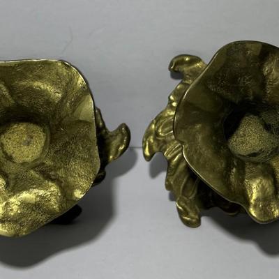 Antique Hand Made Crude Pair of Brass Candle Holders 2.25" x 3" in Good Condition.