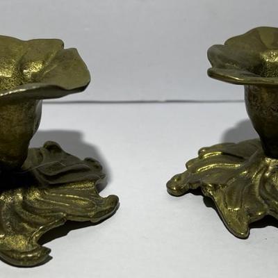 Antique Hand Made Crude Pair of Brass Candle Holders 2.25" x 3" in Good Condition.