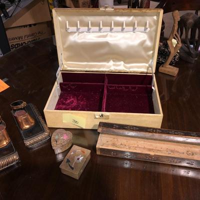 Lot of Jewelry and Trinket Boxes, Incense Burner, and Bronze Ballet Shoe Book Ends