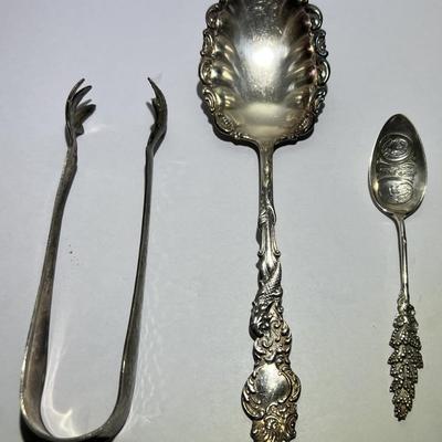 Lot of 3 Vintage/Antique Silver-Plated Serving Spoon, Tongs, & Souvenir Spoon in Good Condition.