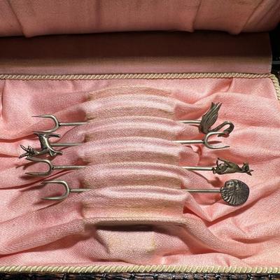 Lot of 4 Antique Nut & Olive Picks w/Silver Tops & Plated Picks 3.5" Tall as Pictured.