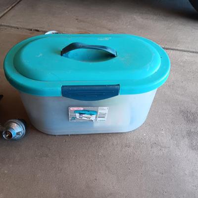 HIBACHI, CANS OF PROPANE, BEVERAGE COOLER AND AN AXE