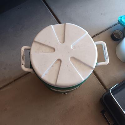 HIBACHI, CANS OF PROPANE, BEVERAGE COOLER AND AN AXE