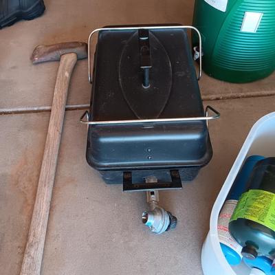 HIBACHI, CANS OF PROPANE, BEVERAGE COOLER AND AN AXE
