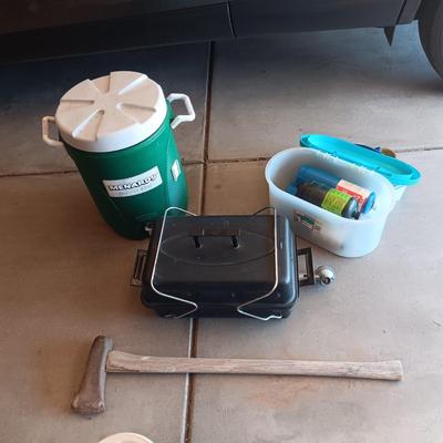 HIBACHI, CANS OF PROPANE, BEVERAGE COOLER AND AN AXE