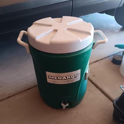 HIBACHI, CANS OF PROPANE, BEVERAGE COOLER AND AN AXE