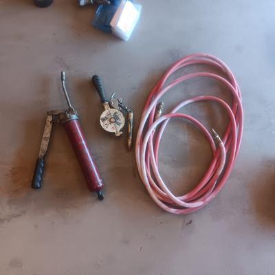 LITTLE JOE OIL RIG MEASURING TOOL, GREASE GUN AND AIR HOSE
