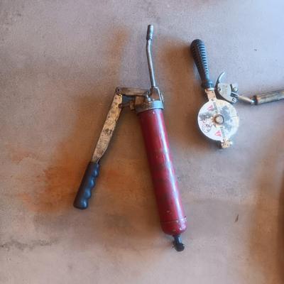 LITTLE JOE OIL RIG MEASURING TOOL, GREASE GUN AND AIR HOSE