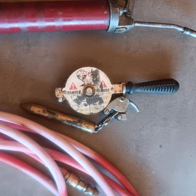 LITTLE JOE OIL RIG MEASURING TOOL, GREASE GUN AND AIR HOSE