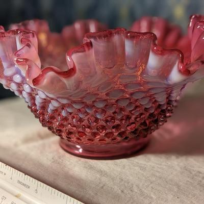 Vintage Fenton Cranberry Opalescent Hobnail Ruffled Bowl