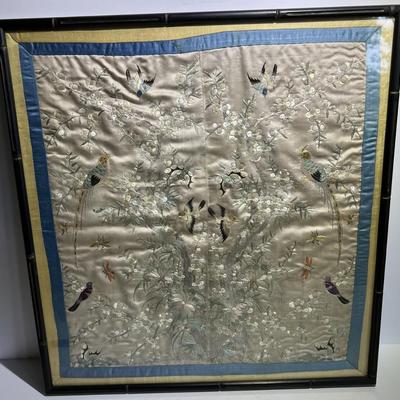 Antique Scarce FORBIDDEN STITCH Japanese Kimono Cuff Artwork 19" x 18" in Good Preowned Condition.