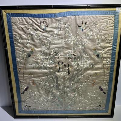 Antique Scarce FORBIDDEN STITCH Japanese Kimono Cuff Artwork 19" x 18" in Good Preowned Condition.