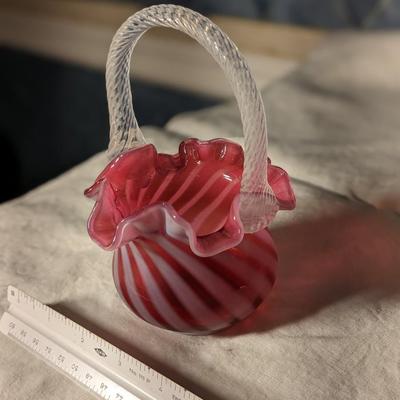 Vintage Fenton Cranberry Opalescent Spiral Optic Basket