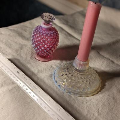 Fenton Pink Glass Perfume Bottle & Opalescent Candle Holder