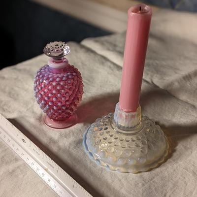 Fenton Pink Glass Perfume Bottle & Opalescent Candle Holder