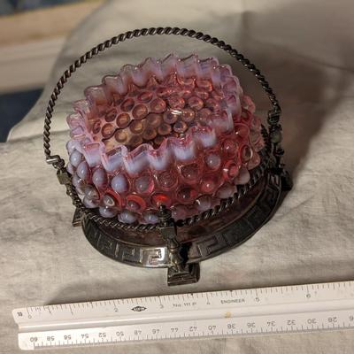 Fenton Cranberry Hobnail Finger Bowl within Silver Basket Tray