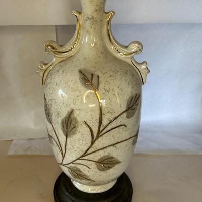 Antique Hand Painted Fern/Leaves Porcelain Table Lamp Urn on Brass Base