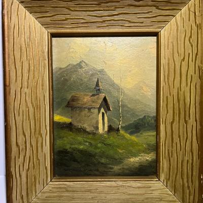 Antique German Landscape Scene Oil on Board w/Glass Backing Frame Size 9.5" x 11.5" in Good Preowned Condition.