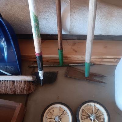 YARD TOOLS, WOODEN HARDWARE BOX AND 5 GALLON CONTAINER