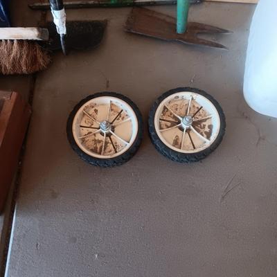 YARD TOOLS, WOODEN HARDWARE BOX AND 5 GALLON CONTAINER