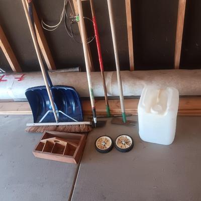 YARD TOOLS, WOODEN HARDWARE BOX AND 5 GALLON CONTAINER