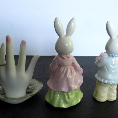 Older Bisque Hand Ring Holder and Rabbits Figurines