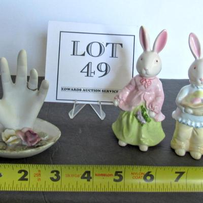Older Bisque Hand Ring Holder and Rabbits Figurines