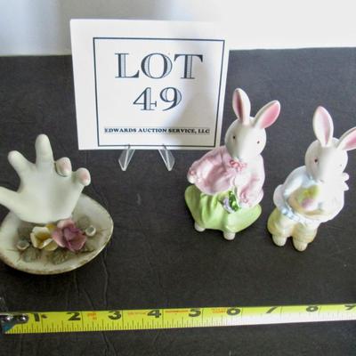 Older Bisque Hand Ring Holder and Rabbits Figurines