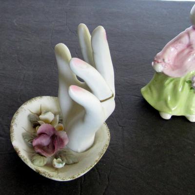 Older Bisque Hand Ring Holder and Rabbits Figurines