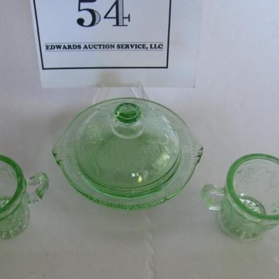 Child's Size, Mosser Glass Jennifer Sugar, Creamer, Butter Dish Set, Green
