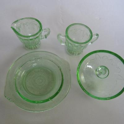 Child's Size, Mosser Glass Jennifer Sugar, Creamer, Butter Dish Set, Green