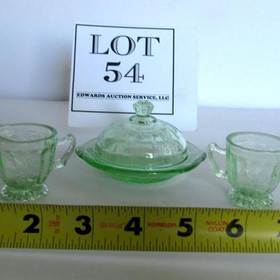 Child's Size, Mosser Glass Jennifer Sugar, Creamer, Butter Dish Set, Green