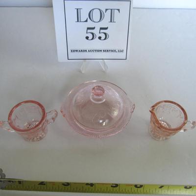 Child's Size Mosser Glass Jennifer Sugar, Creamer, Butter Dish, Jennifer, Pink