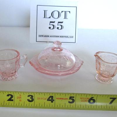 Child's Size Mosser Glass Jennifer Sugar, Creamer, Butter Dish, Jennifer, Pink