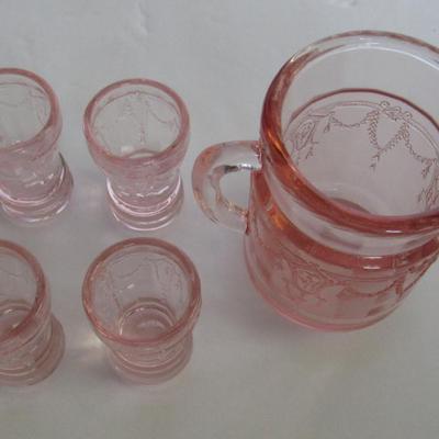 Child's Size Mosser Glass Pitcher and 4 Tumblers, Pink